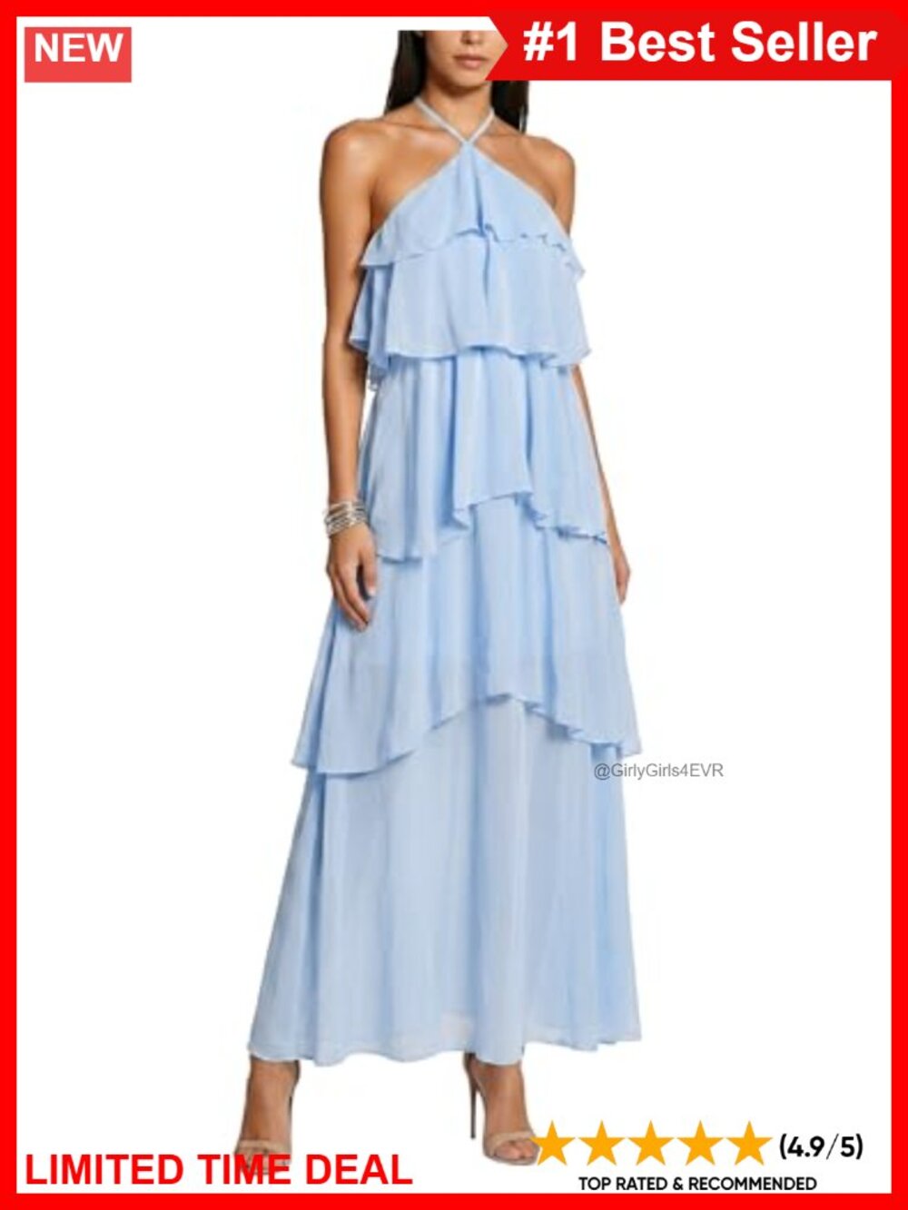 Halter Chiffon Tiered Maxi Dress Back Tie Formal Wedding Guest